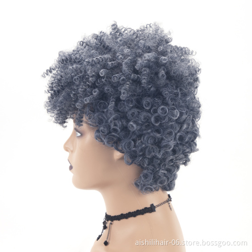 aishili wholesale short afro curly wigs with blue mixed grey pixie cut curly synthetic hair wig for black women